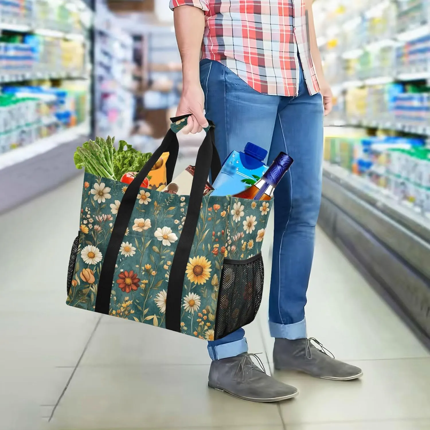 KLL Beach Tote Bag with Handles Foldable With Compartments Shopping Bags For Groceries