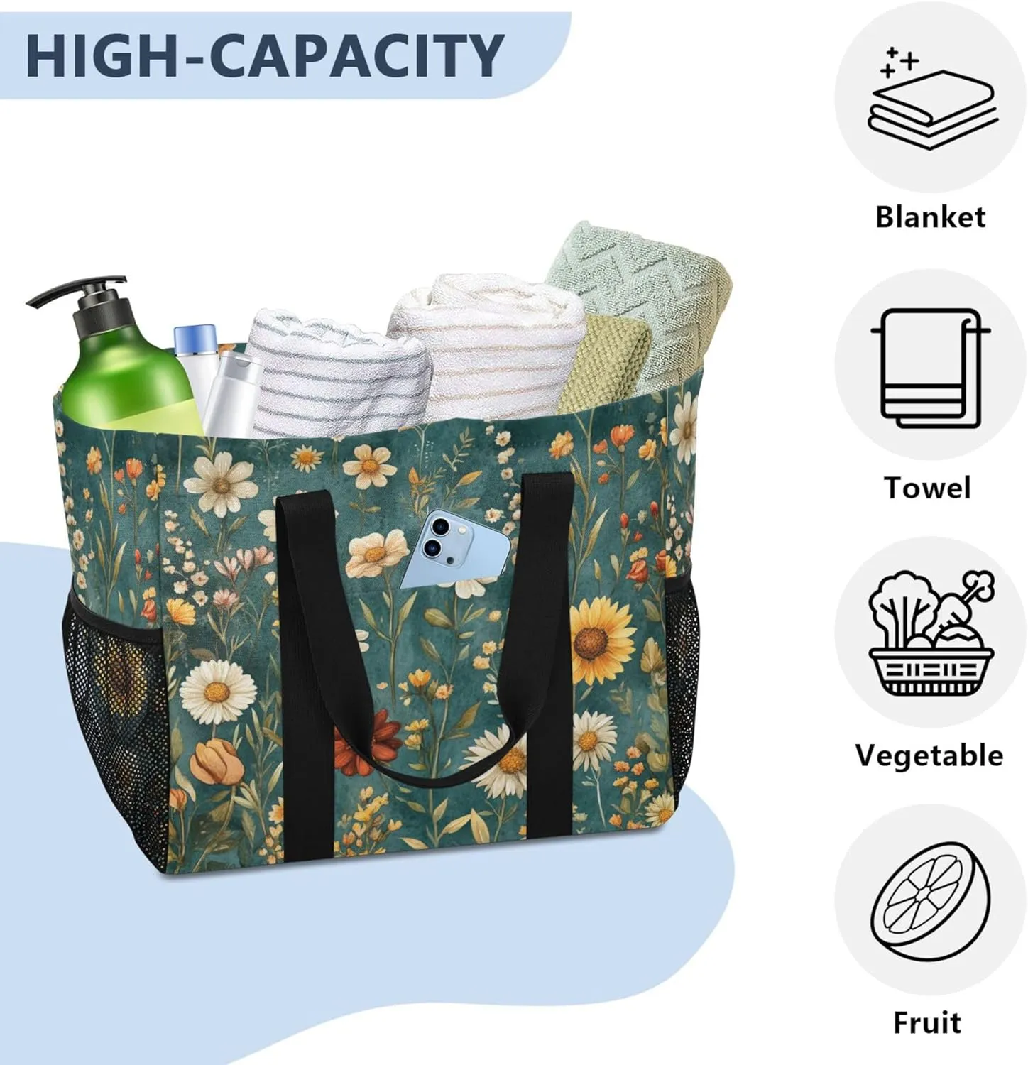 KLL Beach Tote Bag with Handles Foldable With Compartments Shopping Bags For Groceries