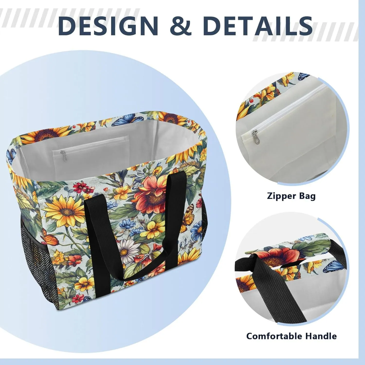 KLL Beach Tote Bag with Handles Foldable With Compartments Shopping Bags For Groceries