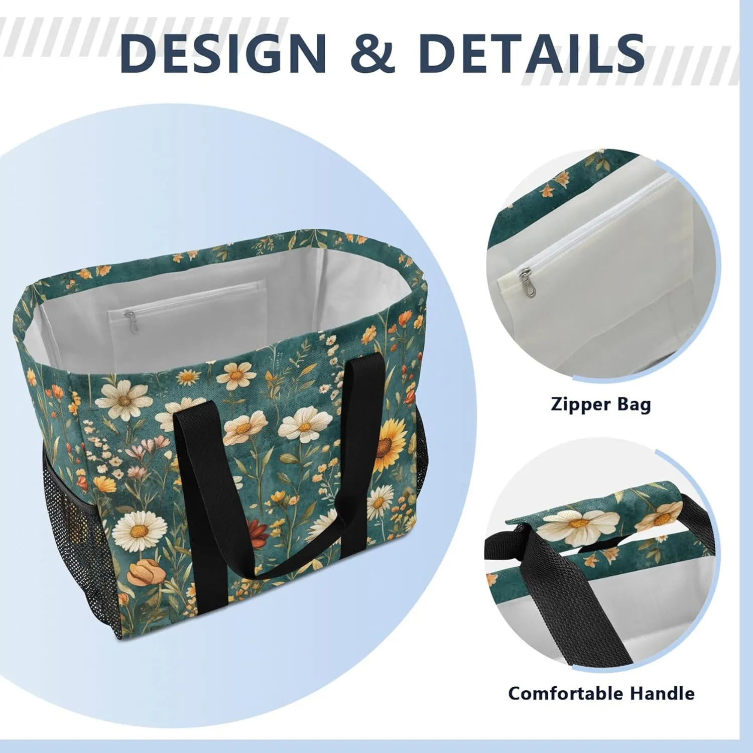 KLL Beach Tote Bag with Handles Foldable With Compartments Shopping Bags For Groceries