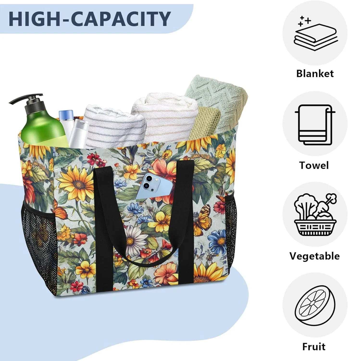 KLL Beach Tote Bag with Handles Foldable With Compartments Shopping Bags For Groceries