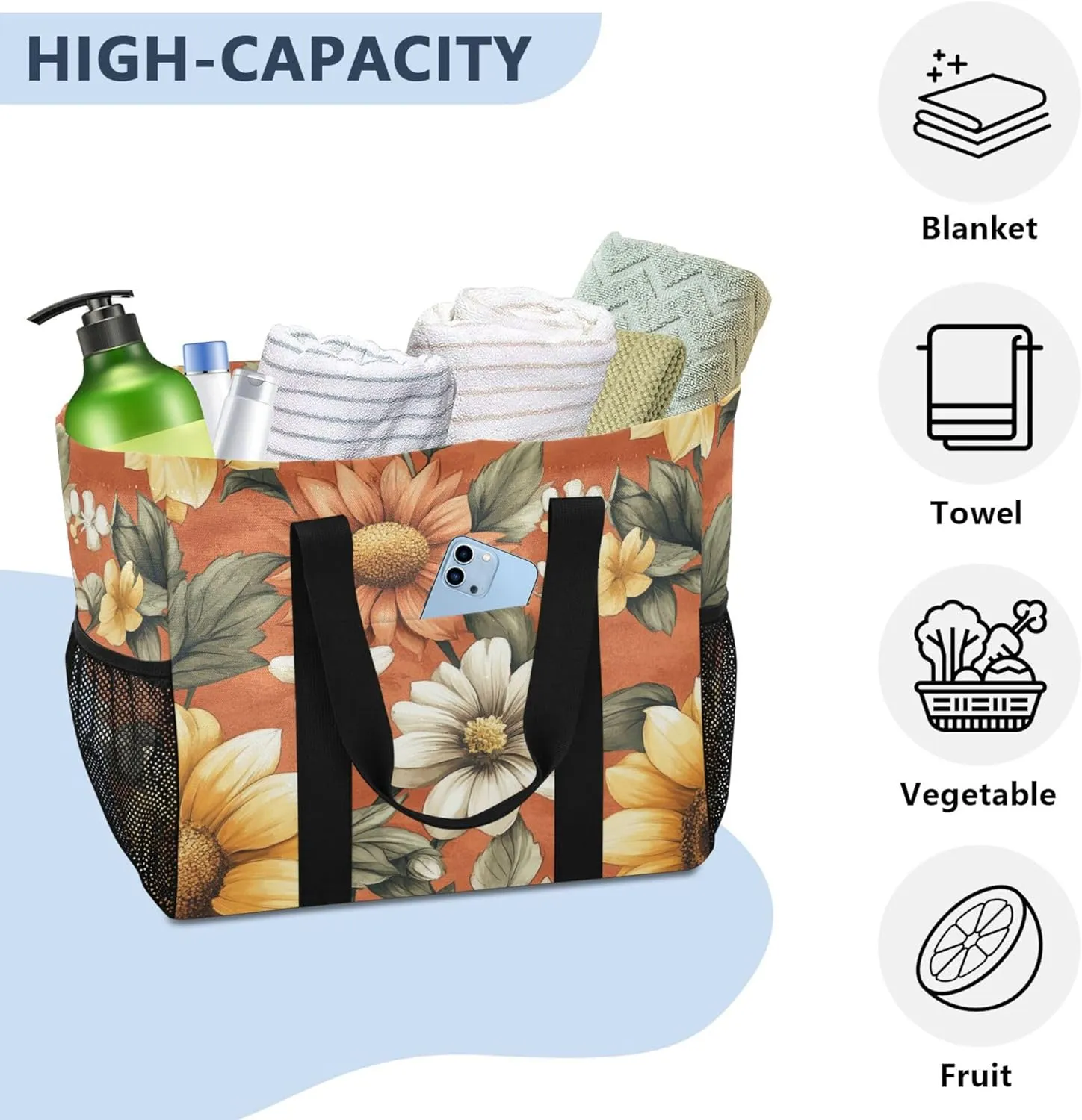 KLL Beach Tote Bag with Handles Foldable With Compartments Shopping Bags For Groceries