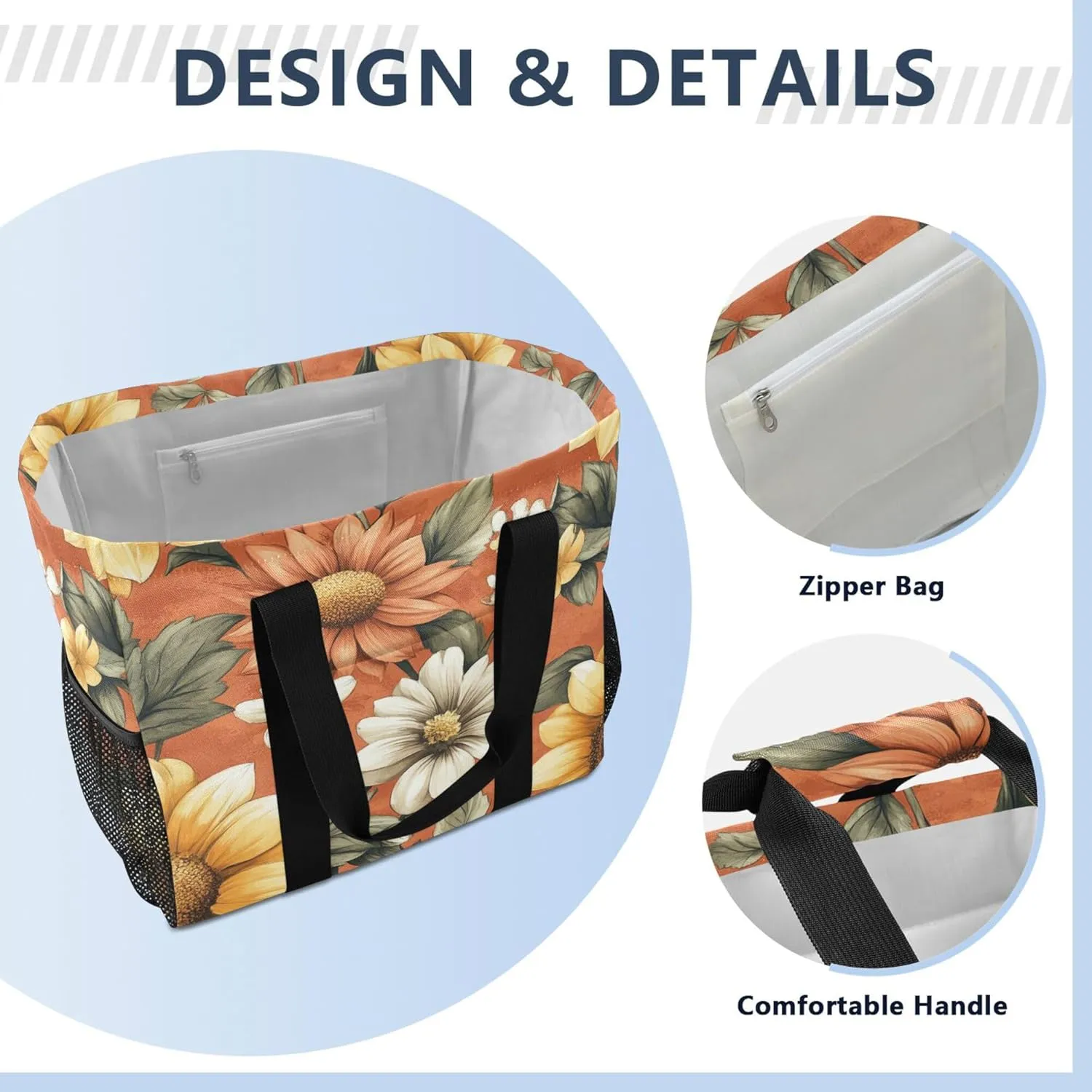 KLL Beach Tote Bag with Handles Foldable With Compartments Shopping Bags For Groceries