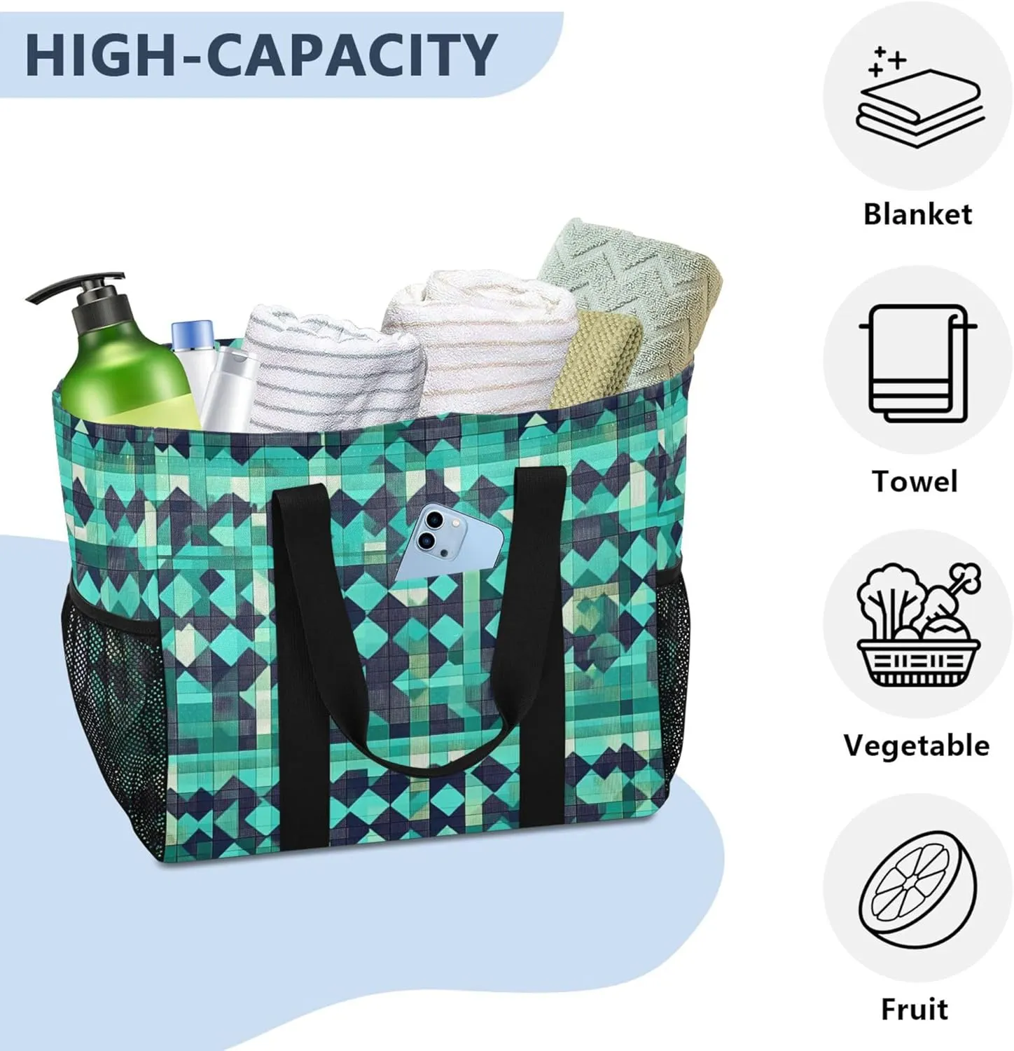 KLL Tote Bag For Beach with Handles Foldable Waterproof Carrier Bags