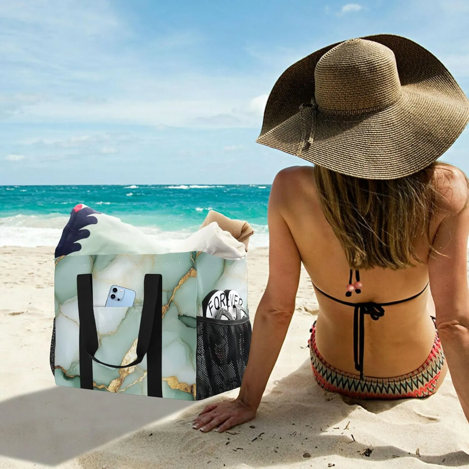 KLL Utility Beach Tote with Handles Collapsable With Compartments Reuseable Shopping Bags