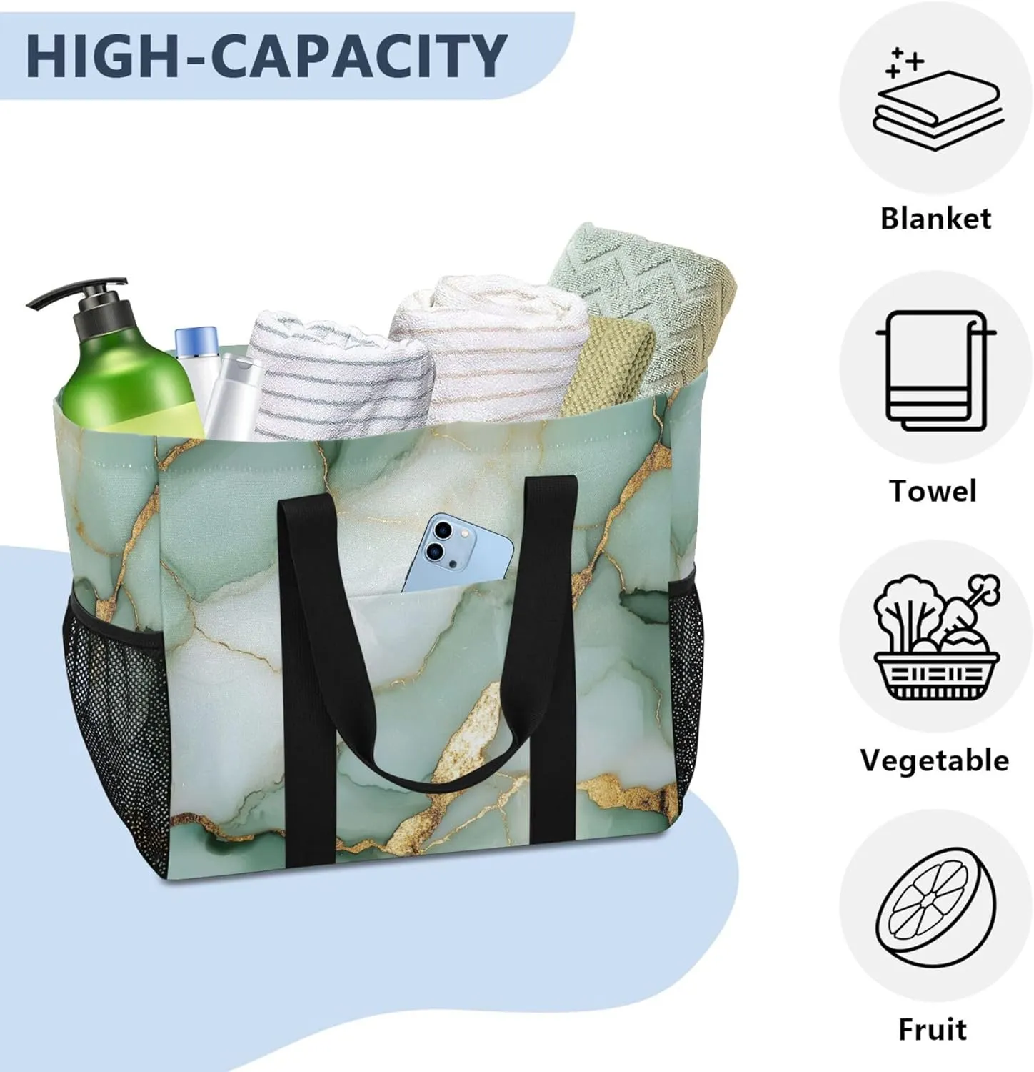 KLL Utility Beach Tote with Handles Collapsable With Compartments Reuseable Shopping Bags