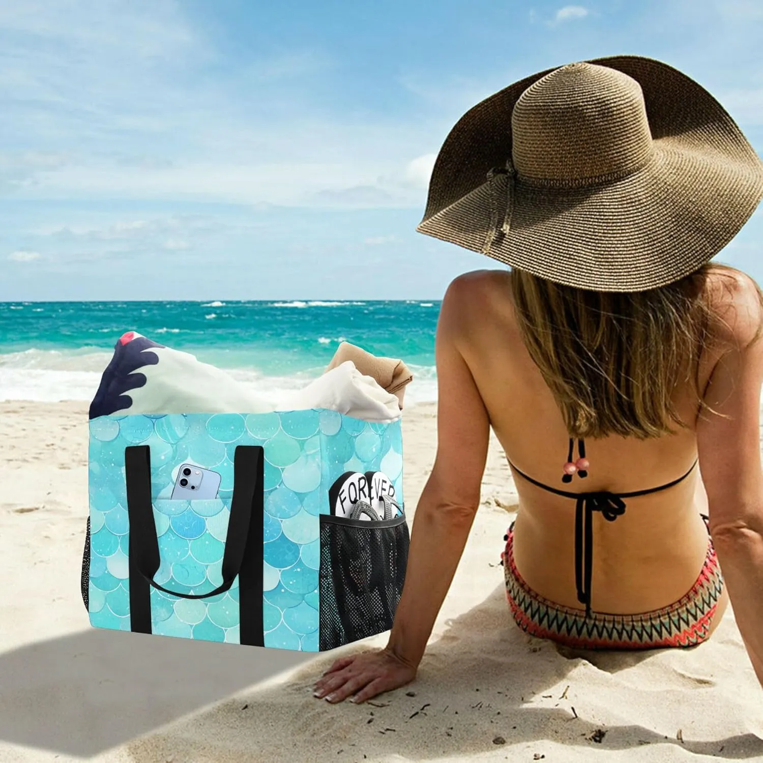 KLL Utility Beach Tote with Handles Foldable Sandproof Car Tote