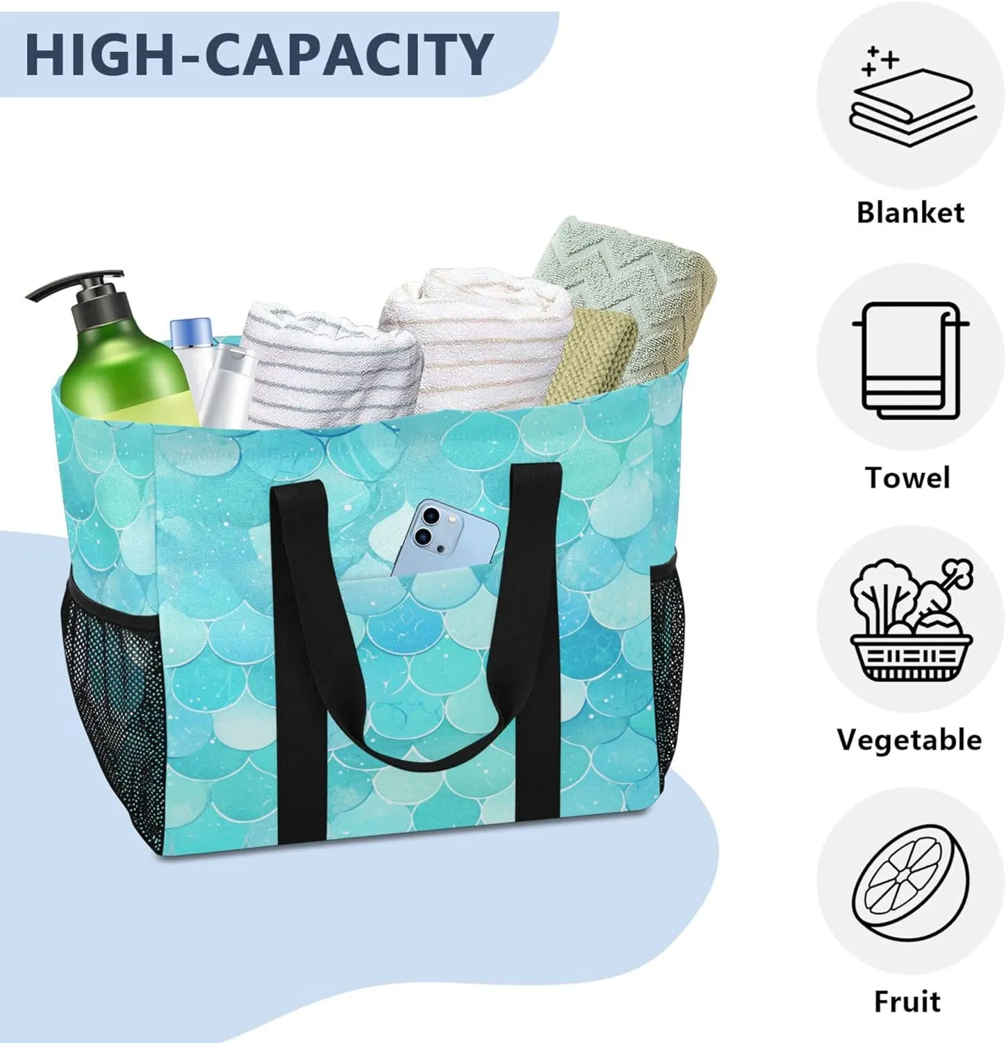 KLL Utility Beach Tote with Handles Foldable Sandproof Car Tote