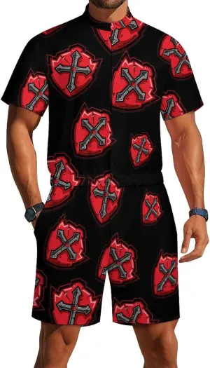 Knights Templar Crusader Cross Mens Short Sleeve Rompers Printed Slim Fit One Piece Jumpsuit with Pocket