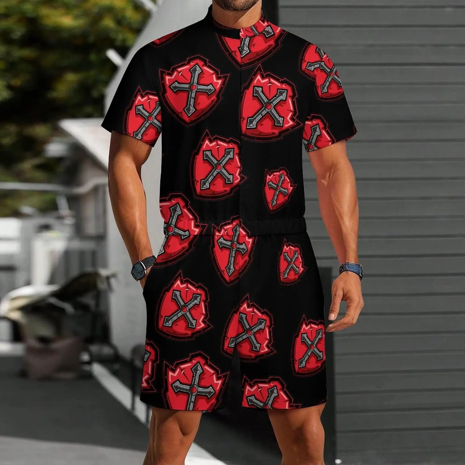 Knights Templar Crusader Cross Mens Short Sleeve Rompers Printed Slim Fit One Piece Jumpsuit with Pocket