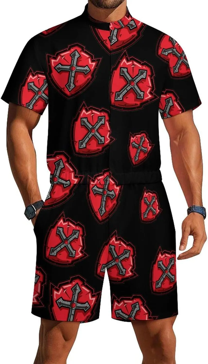 Knights Templar Crusader Cross Mens Short Sleeve Rompers Printed Slim Fit One Piece Jumpsuit with Pocket