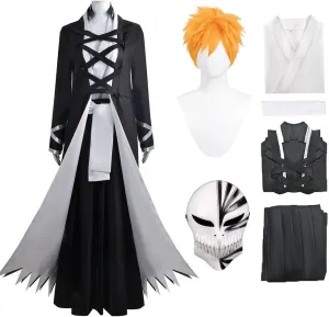 Kurosaki Cosplay Costume Black Cloak Bleach Suit Black Kimono Uniform Outfit With Wig