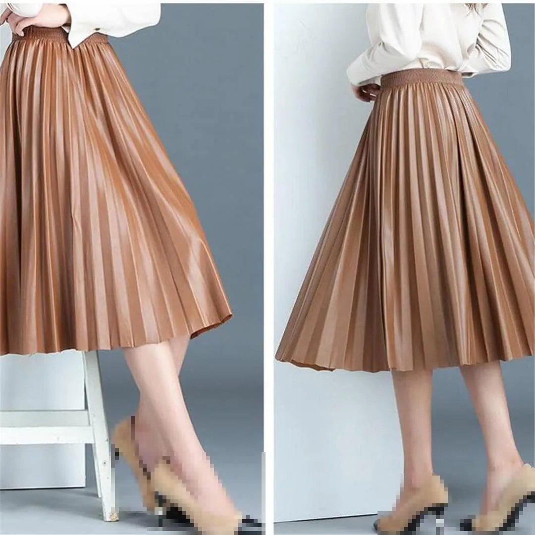 Ladies Black Midi Skirt Thick Winter Pleated High Waist Vintage Mid Calf Women
