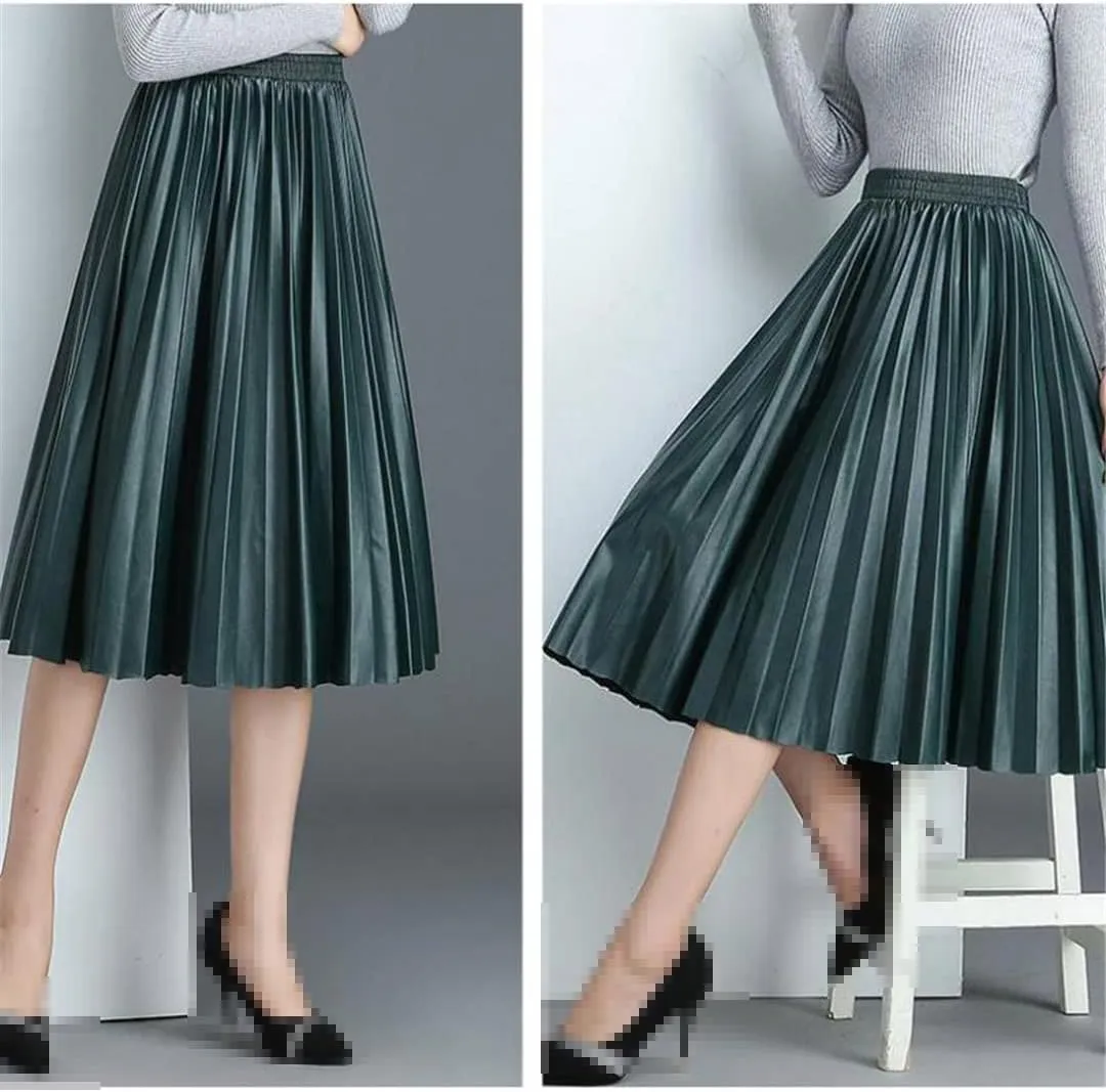 Ladies Black Midi Skirt Thick Winter Pleated High Waist Vintage Mid Calf Women