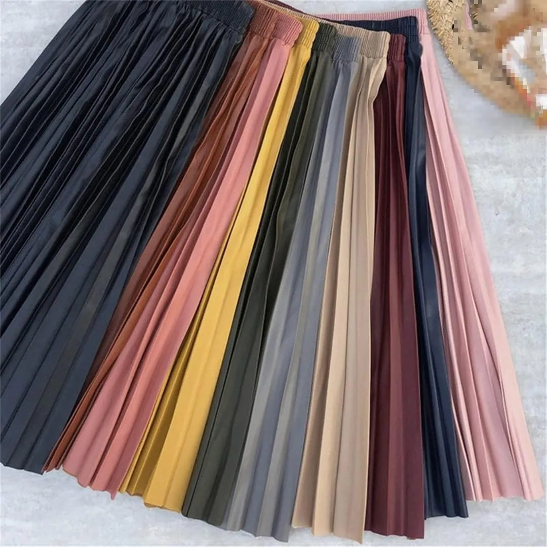Ladies Black Midi Skirt Thick Winter Pleated High Waist Vintage Mid Calf Women