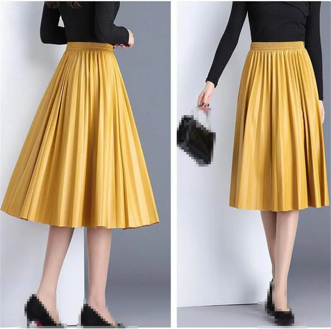 Ladies Black Midi Skirt Thick Winter Pleated High Waist Vintage Mid Calf Women