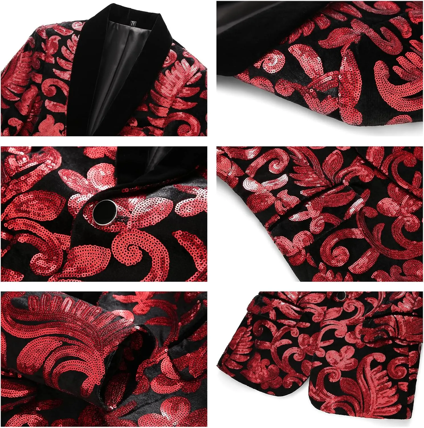 Lamgool Boys Tuxedo Suit Slim Fit Formal Set 2 Pieces with Floral Jacquard Sequin Blazer Black Pants for Kids Prom Wedding