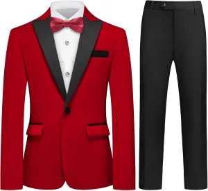 Lamgool Boys Velvet Suit Slim Fit 4 Piece Tuxedo Set with Blazer Jacket Dress Shirt Pant Bow Tie Kids Wedding Formal Outfit