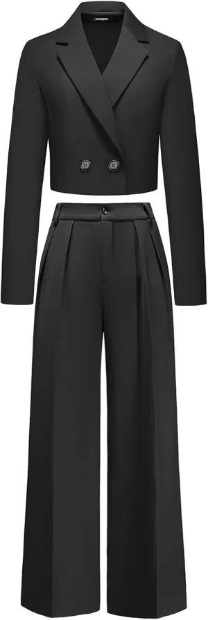 Lamgool Women's Suit 2 Piece Casual Outfits Cropped Blazer High Waisted Wide Leg Pants for Work
