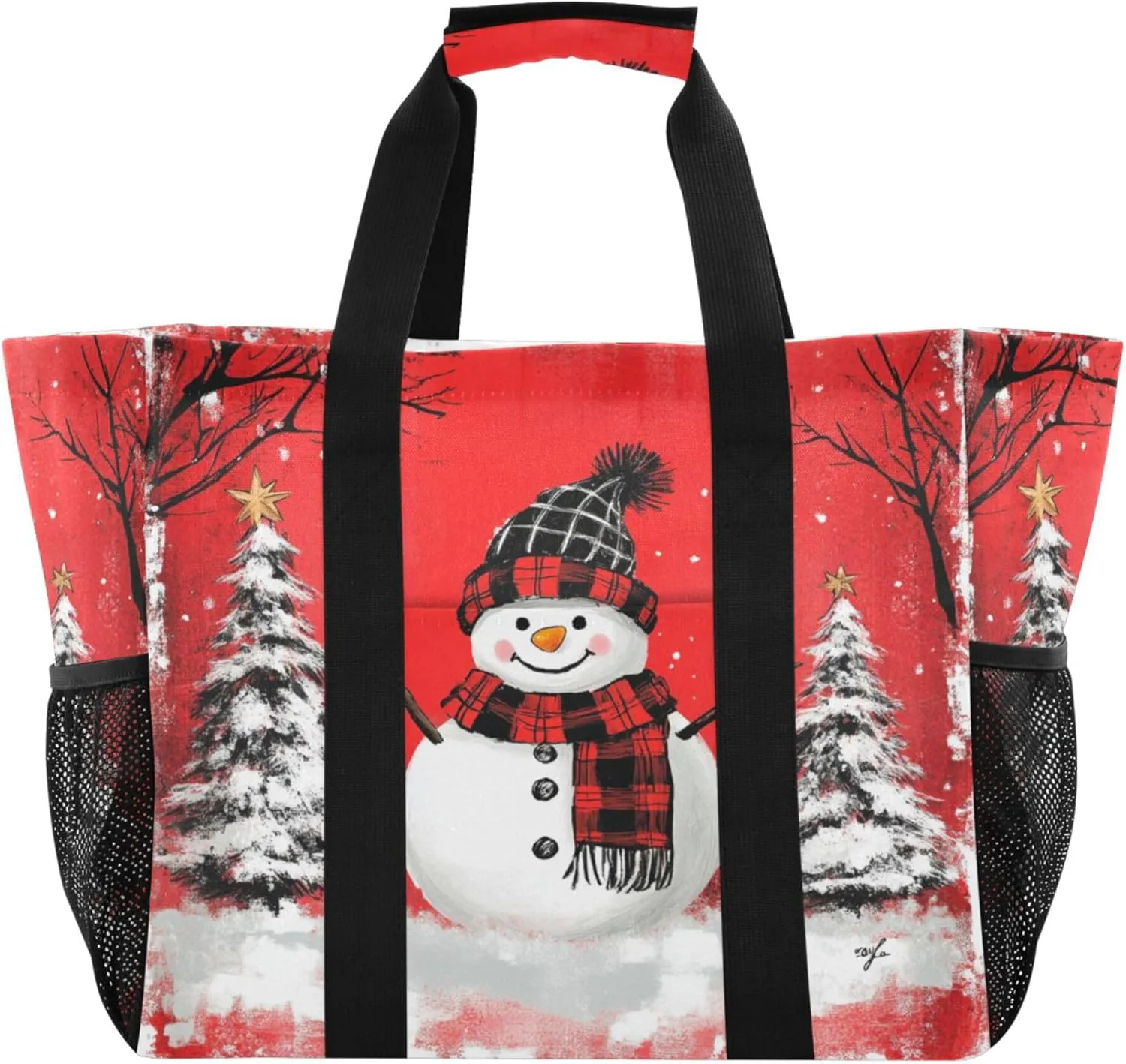 Large Utility Tote Bag For Women Foldable Large Beach Bag With Pockets with Handles Car Tote Red Black Buffalo Plaid Snowman Xmas Trees_1