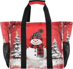 Large Utility Tote Bag For Women Foldable Large Beach Bag With Pockets with Handles Car Tote Red Black Buffalo Plaid Snowman Xmas Trees_1
