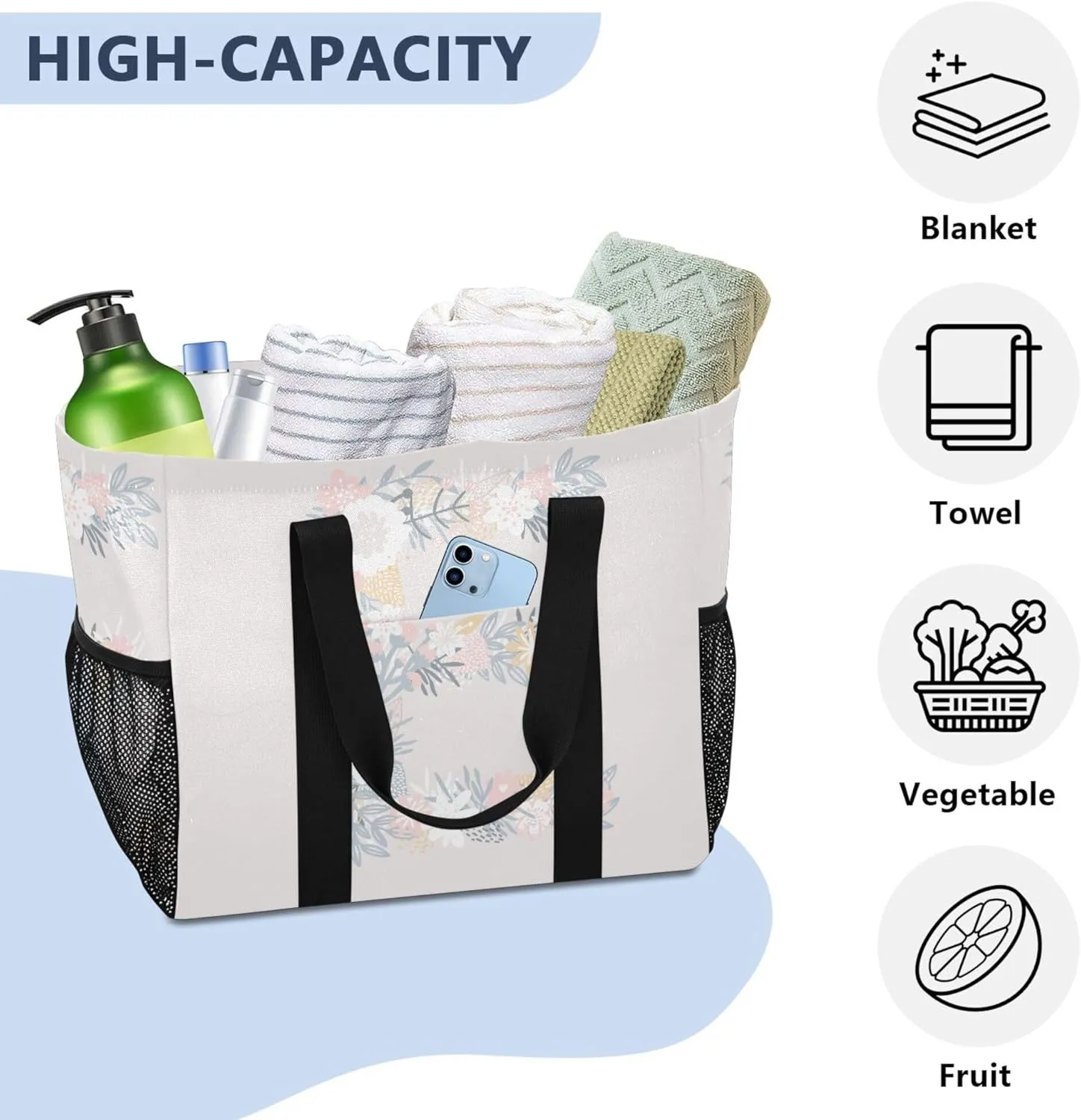 Large Utility Tote Bag For Women Foldable Large Beach Bag With Pockets with Handles Laundry Bag Travel