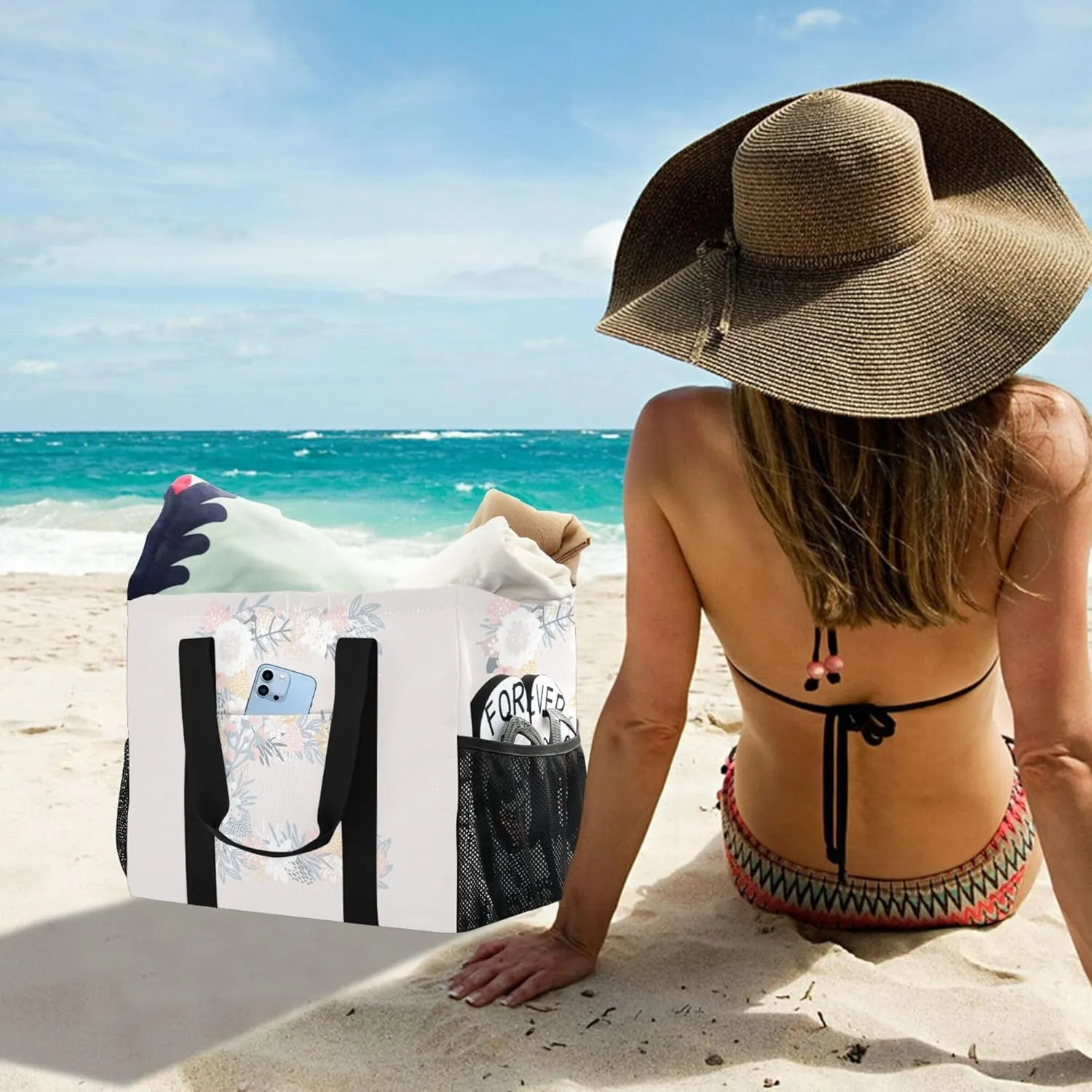 Large Utility Tote Bag For Women Foldable Large Beach Bag With Pockets with Handles Laundry Bag Travel