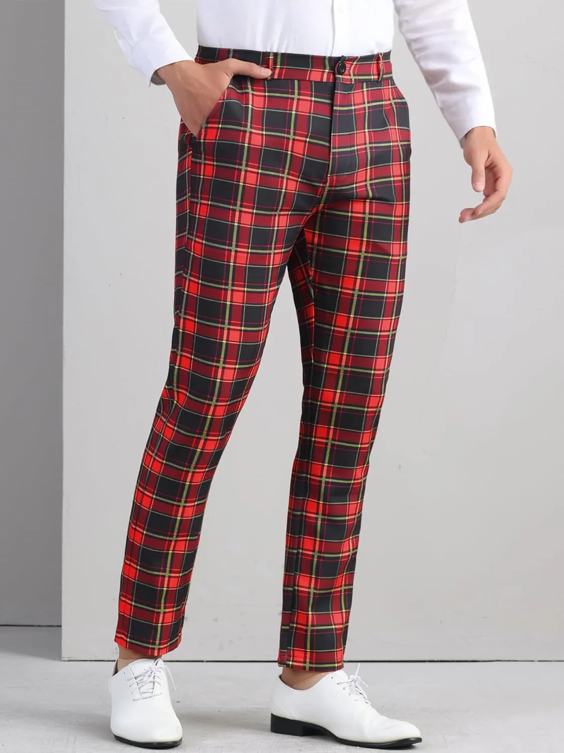 Lars Amadeus Men's Plaid Dress Pants Flat Front Regular Fit Business Checked Trousers