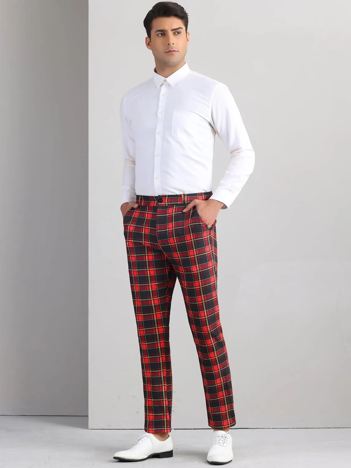 Lars Amadeus Men's Plaid Dress Pants Flat Front Regular Fit Business Checked Trousers