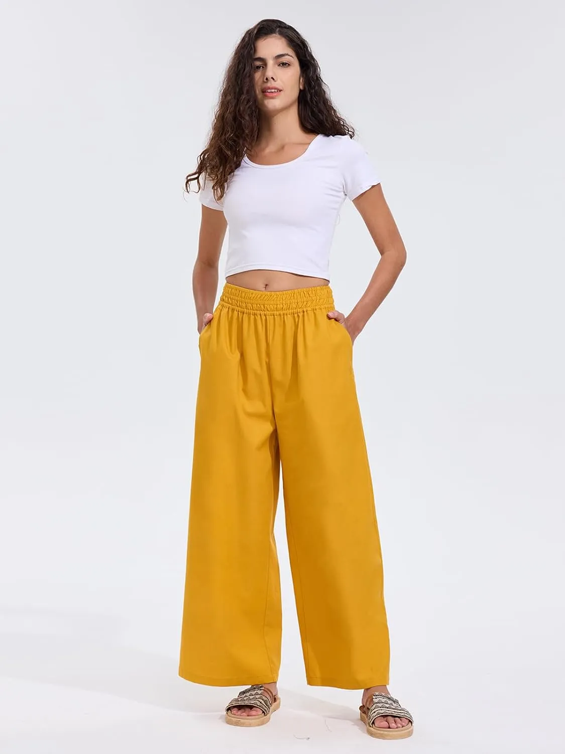 Les umes Womens Linen Wide Leg Pants Elastic Waist Cotton Loose Casual Baggy Trousers with Pockets