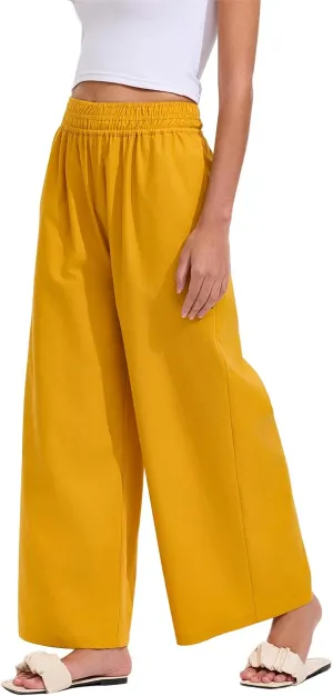Les umes Womens Linen Wide Leg Pants Elastic Waist Cotton Loose Casual Baggy Trousers with Pockets