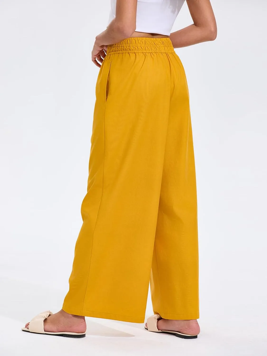 Les umes Womens Linen Wide Leg Pants Elastic Waist Cotton Loose Casual Baggy Trousers with Pockets
