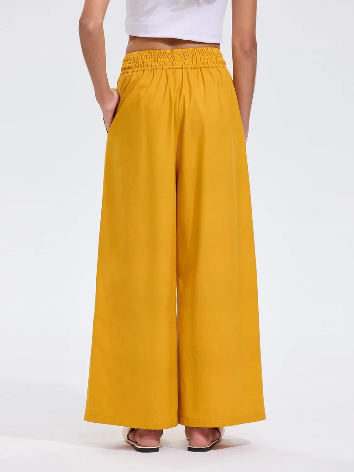 Les umes Womens Linen Wide Leg Pants Elastic Waist Cotton Loose Casual Baggy Trousers with Pockets