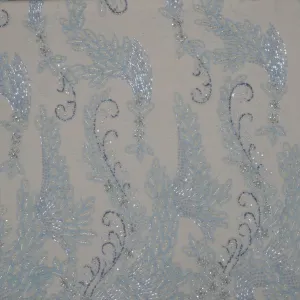 Light Blue Floral with Bugle Beads and Rhinestones Embroidered Tulle Fabric
