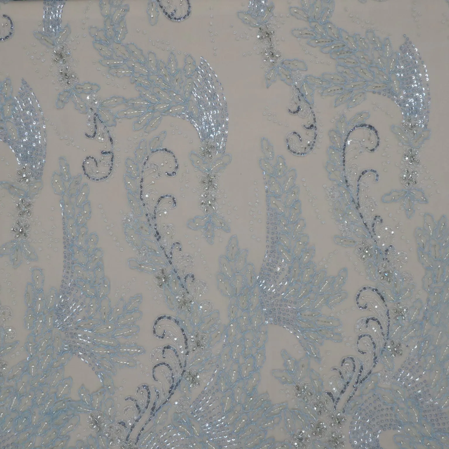 Light Blue Floral with Bugle Beads and Rhinestones Embroidered Tulle Fabric