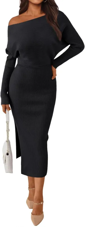 LILLUSORY Womens Fall Sweater Dresses Off The Shoulder Winter Clothes Long Sleeve 2025 Midi Plus Size Fashion Outfits Party
