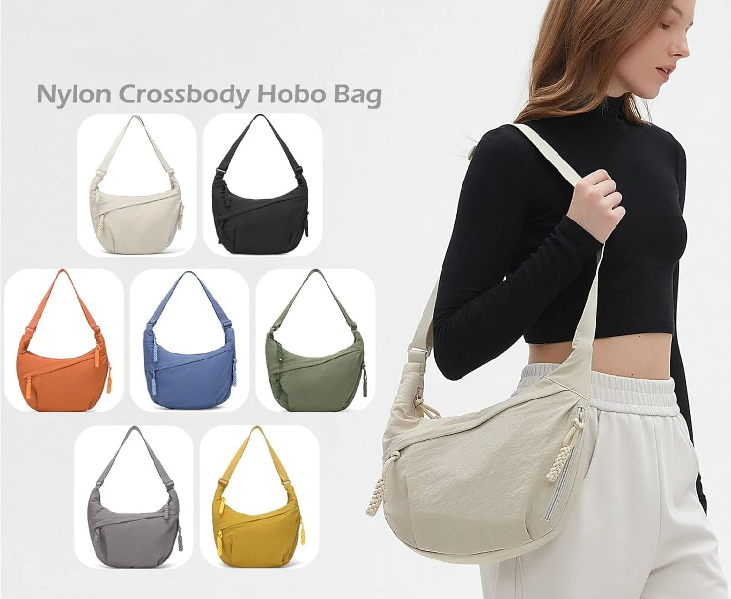 Limorence Women's Fashion Plain Color Sling Hobo Bag, Nylon Crossbody Bag, Arisefrom Nylon Crossbody Slouchy