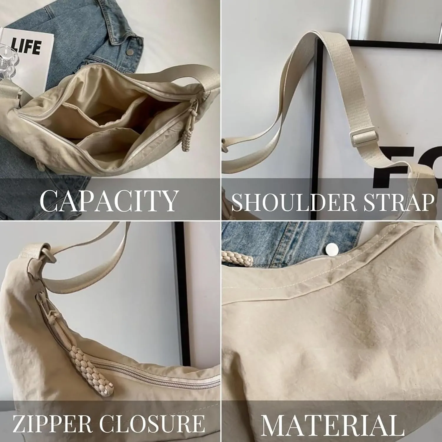 Limorence Women's Fashion Plain Color Sling Hobo Bag, Nylon Crossbody Bag, Arisefrom Nylon Crossbody Slouchy