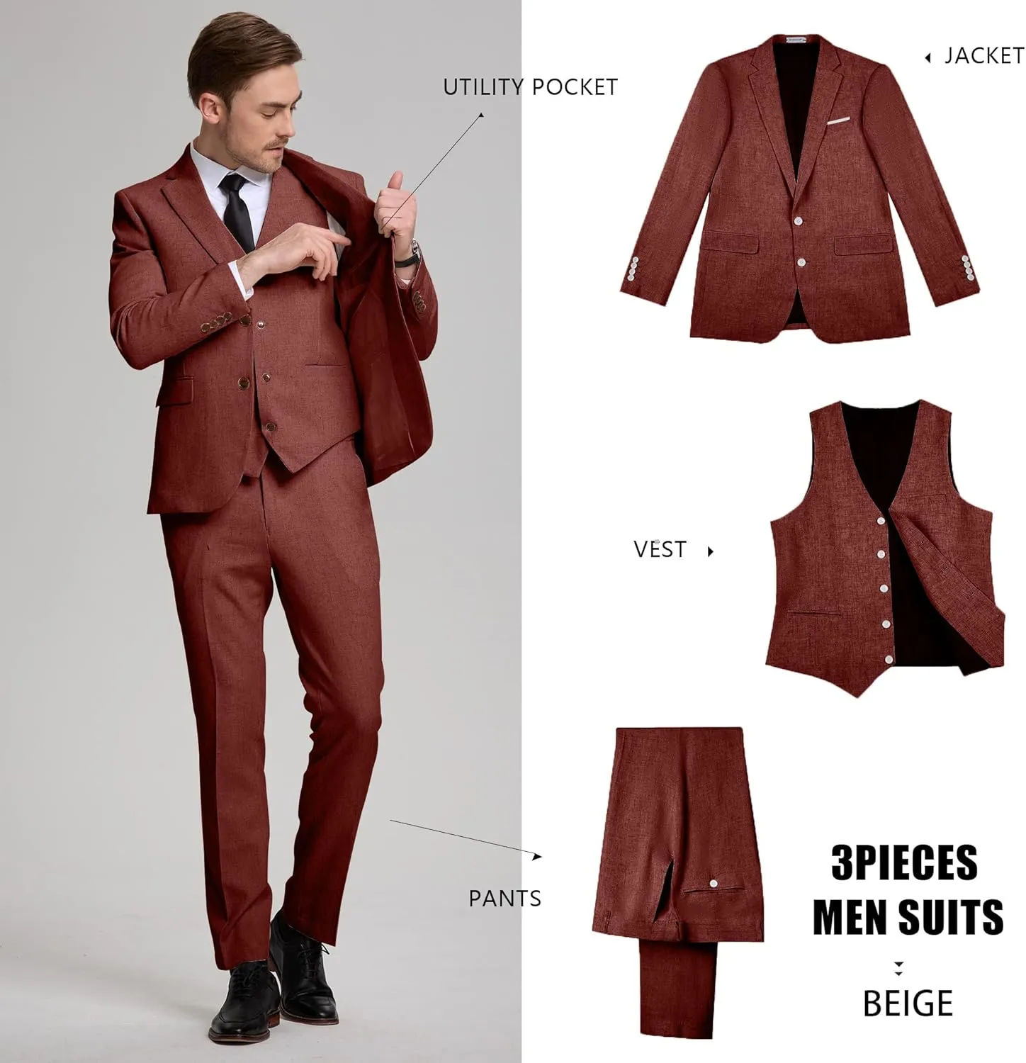 Linen Mens Suits 3 Piece Slim Fit Tuxedo Suit for Men Beach Wedding Formal Business Suit Groom Prom Set Outfits