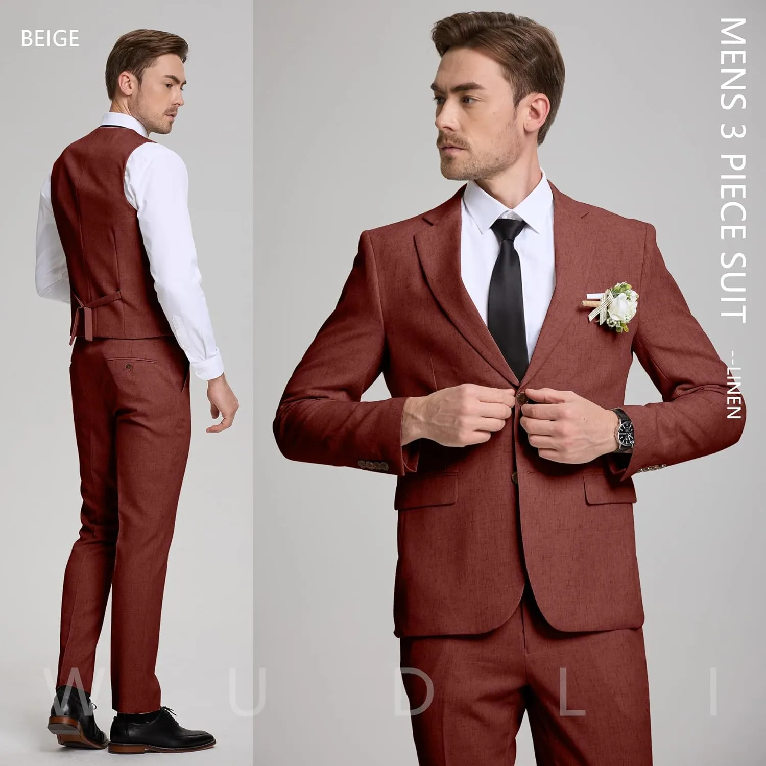 Linen Mens Suits 3 Piece Slim Fit Tuxedo Suit for Men Beach Wedding Formal Business Suit Groom Prom Set Outfits