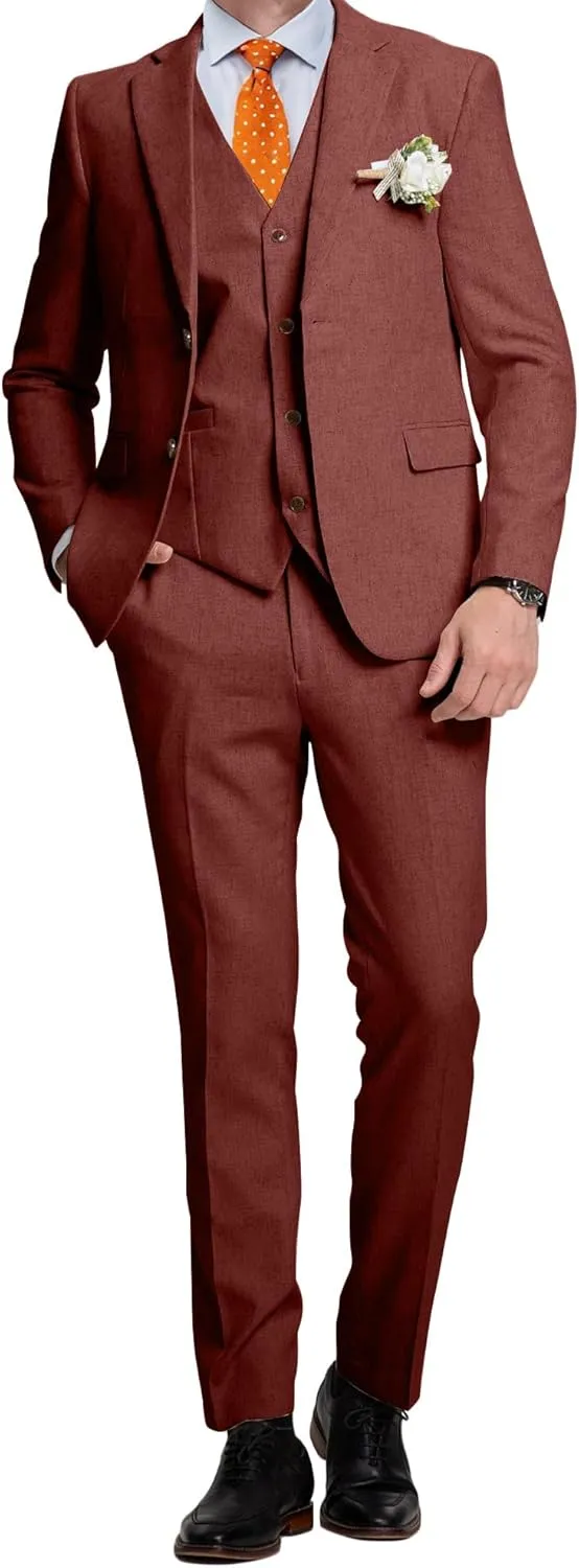Linen Mens Suits 3 Piece Slim Fit Tuxedo Suit for Men Beach Wedding Formal Business Suit Groom Prom Set Outfits