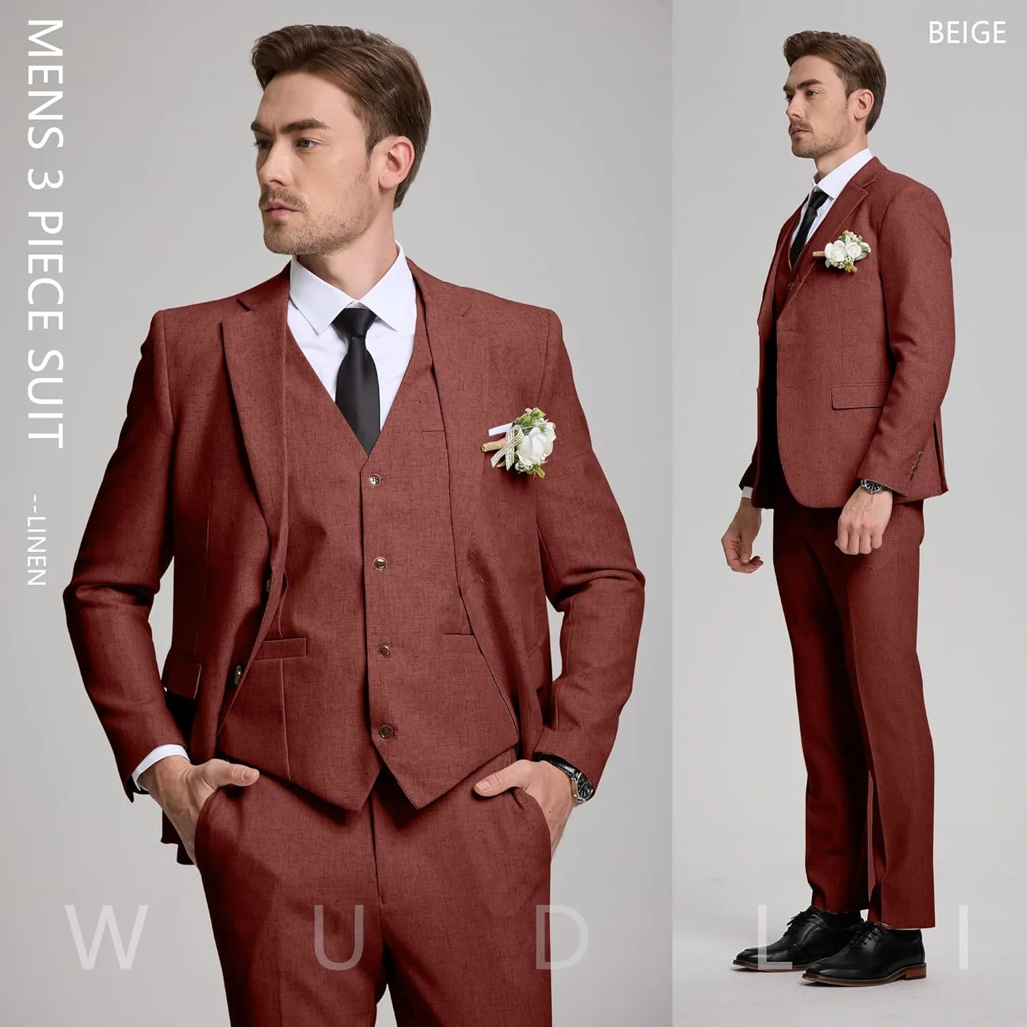 Linen Mens Suits 3 Piece Slim Fit Tuxedo Suit for Men Beach Wedding Formal Business Suit Groom Prom Set Outfits