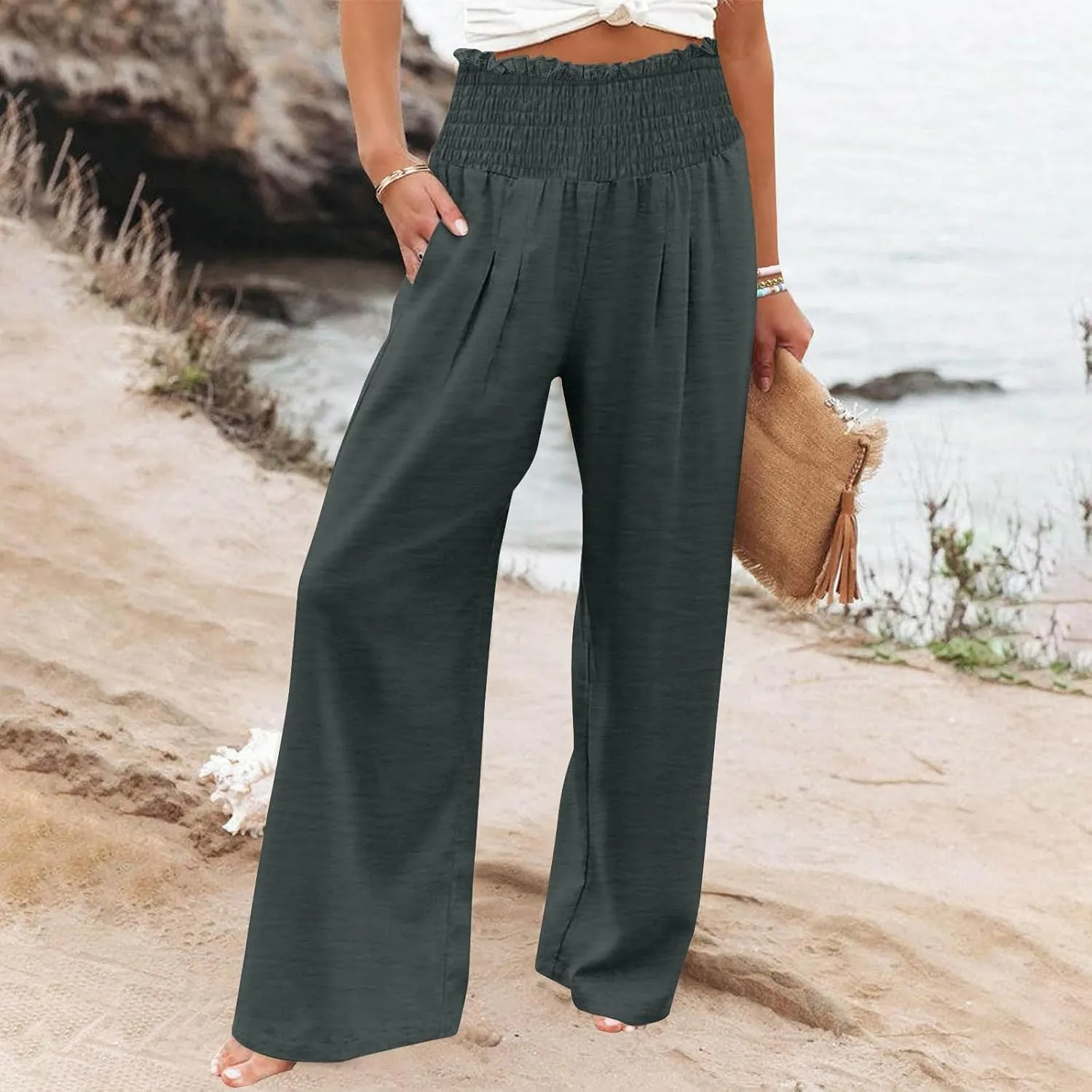 Linen Pants Women Smocked High Waisted Palazzo Pants Ladies Wide Leg Trousers Dressy Casual Summer Beach Outfits