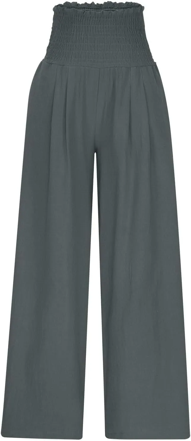 Linen Pants Women Smocked High Waisted Palazzo Pants Ladies Wide Leg Trousers Dressy Casual Summer Beach Outfits