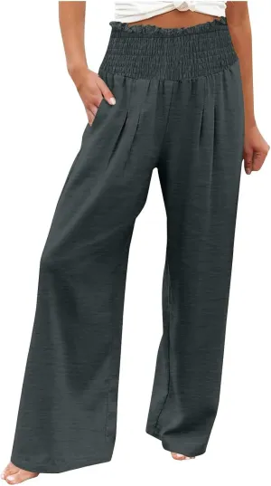 Linen Pants Women Smocked High Waisted Palazzo Pants Ladies Wide Leg Trousers Dressy Casual Summer Beach Outfits