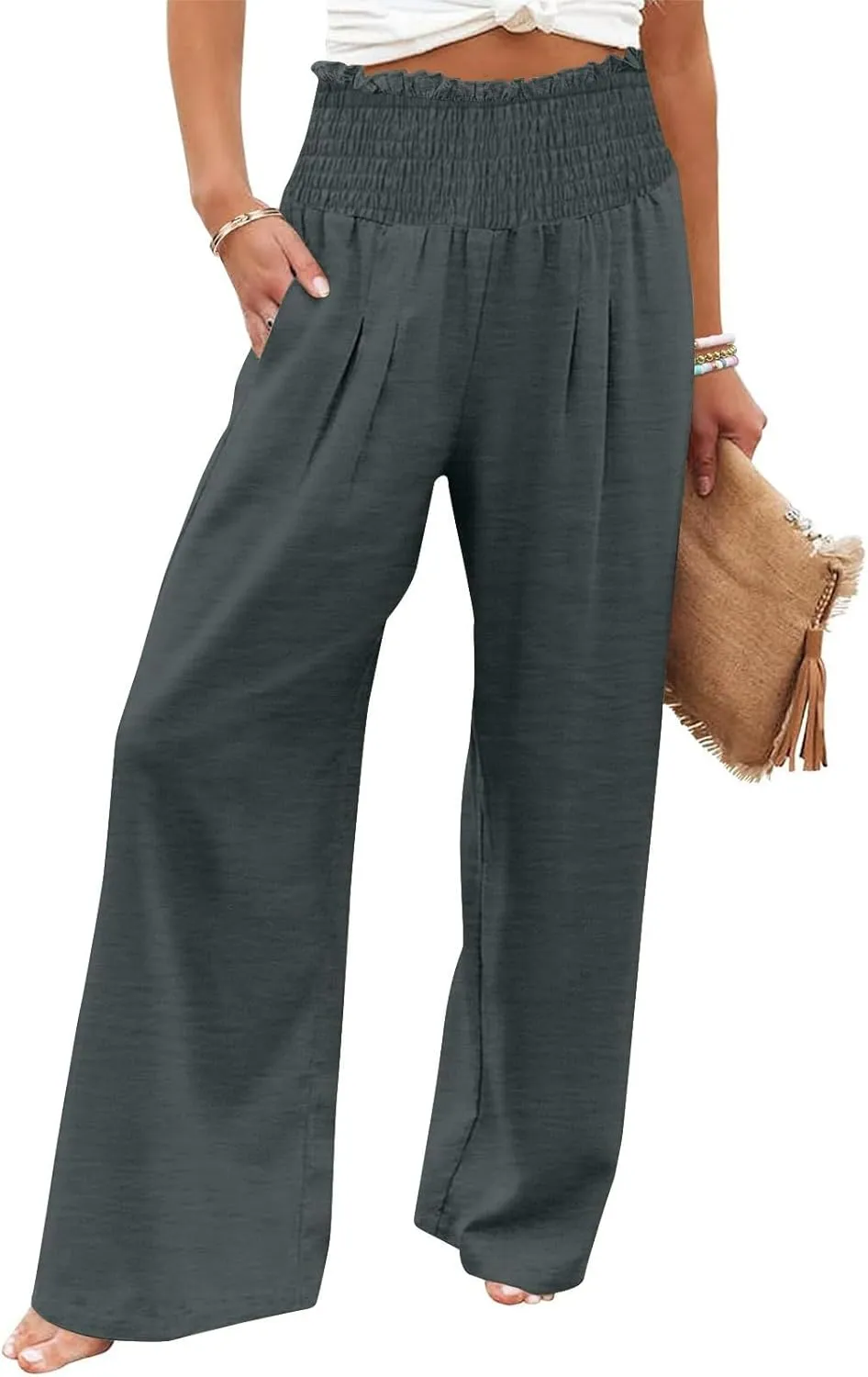 Linen Pants Women Smocked High Waisted Palazzo Pants Ladies Wide Leg Trousers Dressy Casual Summer Beach Outfits
