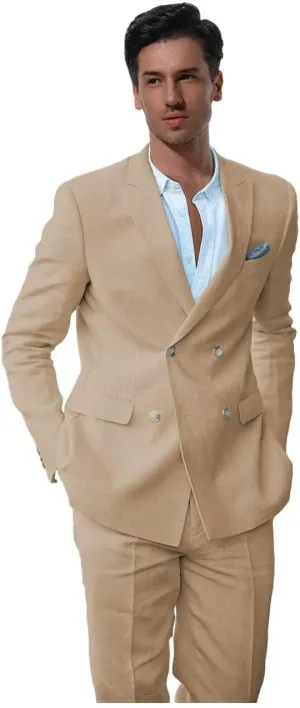 Linen Suits for Men Summer Regular Fit Double Breasted Tuxedos Casual Peak Lapel Blazer Pants for Business Wedding