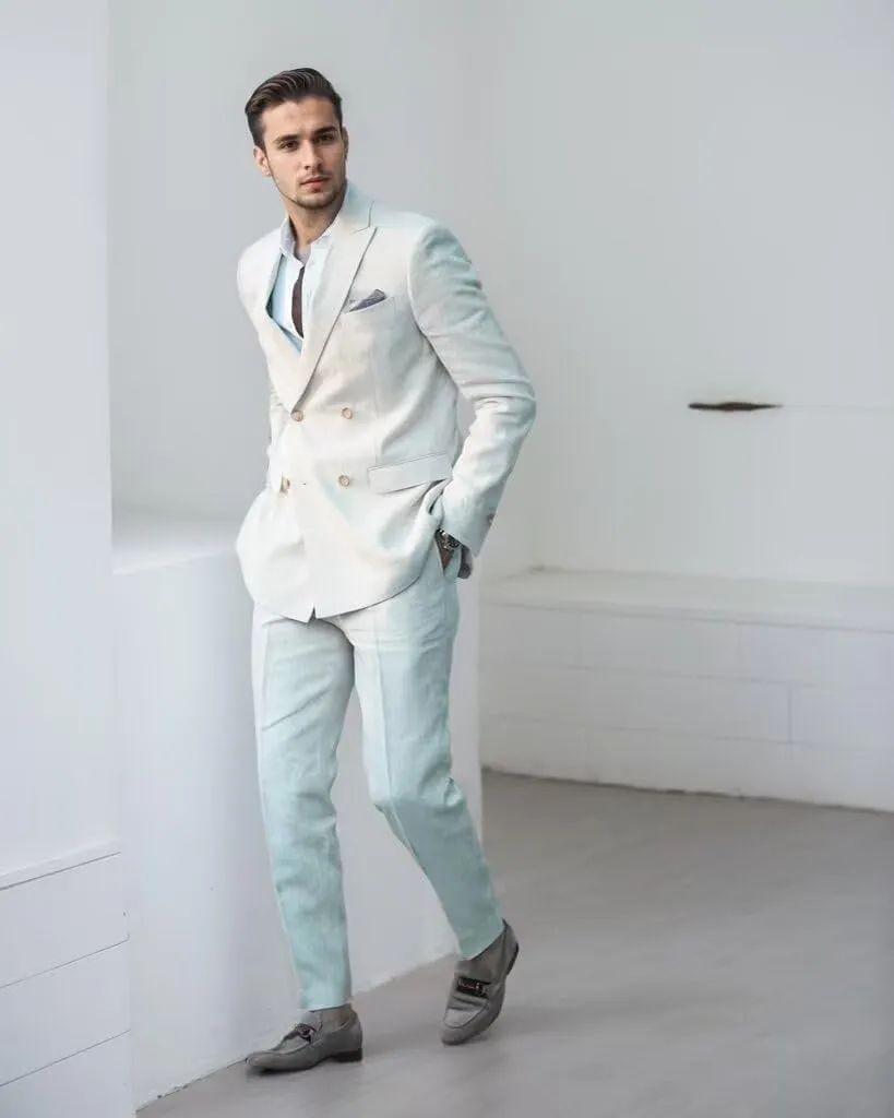 Linen Suits for Men Summer Regular Fit Double Breasted Tuxedos Casual Peak Lapel Blazer Pants for Business Wedding