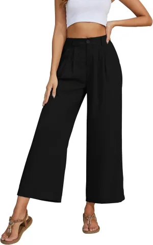Linnet Pants for Women Elastic Waist Wide Leg Cropped Pants Trousers Loose Fit with Pockets A-Black