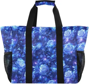 linqin Blue Roses Utility Bag for Trunk with Handles Collapsable Grocery Bags Reusable with Compartments for Beach